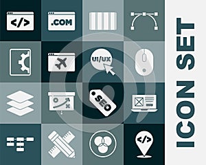 Set Front end development, UI or UX design, Computer mouse, Color palette guide, Website template, and icon. Vector