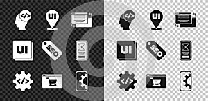 Set Front end development, UI or UX design, Online shopping screen, Web, and SEO optimization icon. Vector