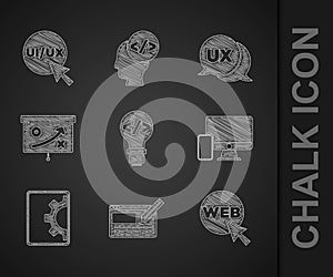 Set Front end development, UI or UX design, Web and graphic, Monitor mobile, Planning strategy concept, and icon. Vector