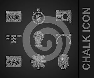 Set Front end development, Website statistic, Computer mouse, Bezier curve, Site map, UI or UX design and icon. Vector