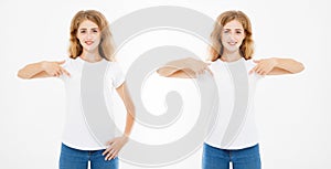 Set front view of cute woman in white t shirt isolated on white background, mock up for desigh