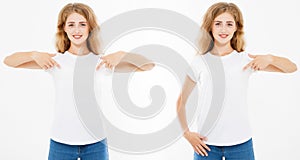 Set front view of cute woman in white t shirt isolated on white background, mock up for desigh
