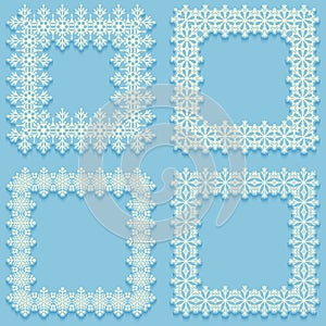 Set of frost frames from snowflakes. White cadres on blue background with shadow