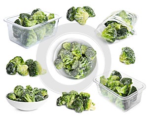Set of frozen broccoli on white background. Vegetables