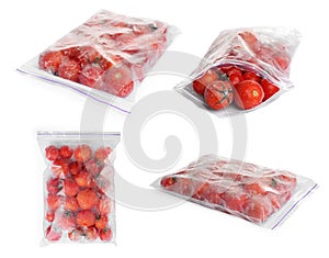 Set of frozen tomatoes in plastic bags on white background