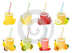 Set of fruit cocktail or smoothies. Plastic transparent cups for smoothie with striped pipe. Strawberry, lemon, orange, kiwi,