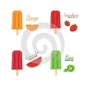 Set fruit ice. Strawberry, Orange, Watermelon and Kiwi popsicle on a stick. Lettering and picture