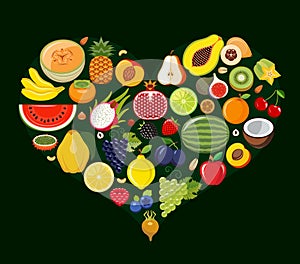 Set of fruit icons forming heart shape.
