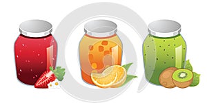 Set of fruit jams in glass and fruit on white background.version3
