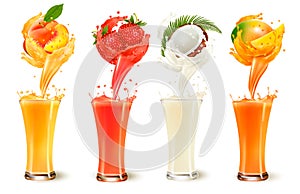 Set of fruit juice splash in a glass. Strawberry, peach, coconut photo