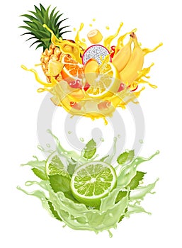 Set of fruit juice splash. Whole and sliced pineapple, mango, peach lime, orange, banana dragon in juice or cocktail with splashes