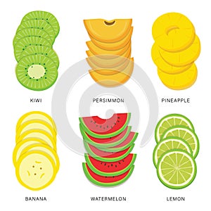 Set of Fruit Slices. Organic and healthy food isolated element Vector illustration.