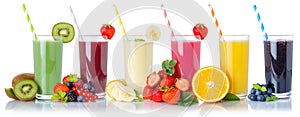 Set of fruit smoothies fruits orange juice drink straw in glass isolated on white