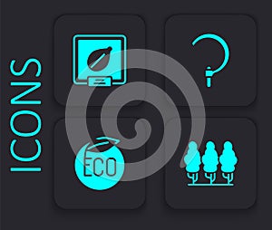 Set Fruit trees, Seeds of specific plant, Sickle and Eco healthy food icon. Black square button. Vector