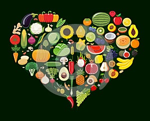 Set of fruit and vegetable icons forming heart shape.