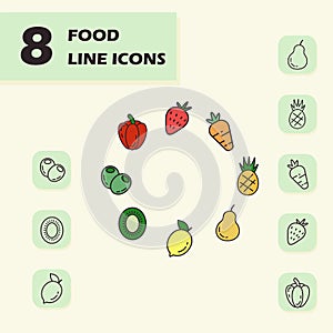 set of fruit and vegitable icons in lineart style