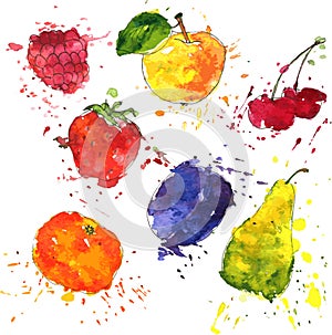 Set of fruits and berries drawing by watercolor