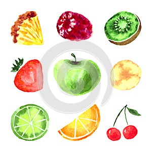 Set of fruits and berries isolated on white background. Loose watercolor technique.