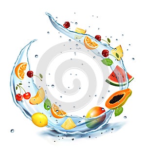 Set of fruits and berries in water splashes. Apricot, watermelon, cherry, papaja, pineapple, limon, orange, mint, mango in water