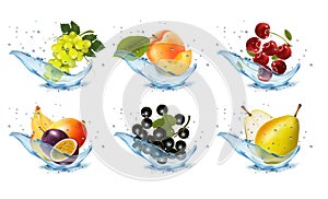 Set of fruits and berries in water splashes. Apricot, watermelon, cherry, raspberr