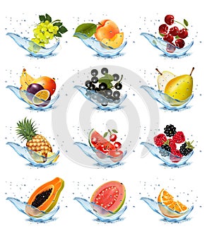 Set of fruits and berries in water splashes. Apricot, watermelon, cherry, raspberry, blackberry, pear, papaya, pineapple,