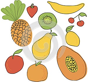 Set of fruits drawn. Vector sketch. Sketch line. Apple, pear, peach, lemon, orange, kiwi, figs, banana