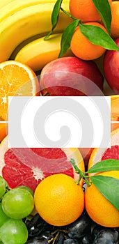 Set of fruits isolated on a white. Free space for text. Collage. Vertical photo