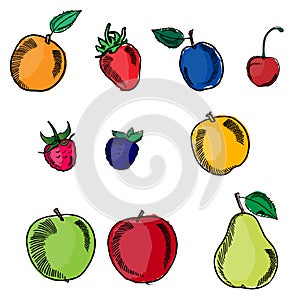 Set of fruits in sketch pencil style