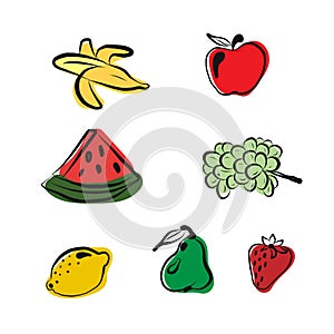 a set of fruits, a symbol of summer isolated on a white background. Fruits Drawn with a brush. design for holiday