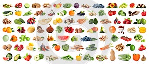 Set of fruits, vegetables. berries and nuts on background. Banner design