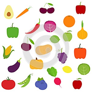 Set of fruits and vegetables. Different colorful vegetables and fruits.