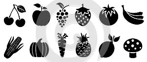 Set of fruits and vegetables icons. Variety products, healthy food collection of strawberry, apple, pineapple, cherry, grape