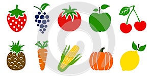 Set of fruits and vegetables icons. Variety products, healthy food collection of strawberry, apple, pineapple, cherry, grape,