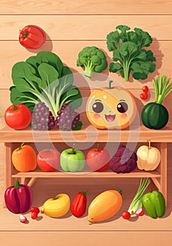 Set of fruits and vegetables with kawaii face, cartoon vegetables for children.