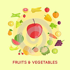 Set of Fruits Vegetables Vector Illustrations.