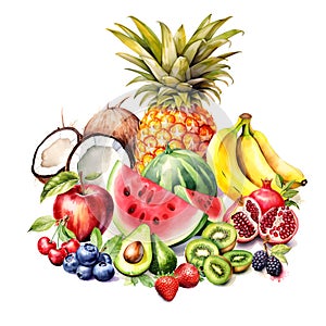 Set of fruits in watercolor style. Group of fresh fruits, testy juicy fruits. Cut, slices. Tropical fruit. Heap of mixed fruits,