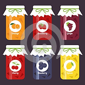 Set of fruity jam jars, orange, strawberry, grape, cherry