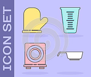 Set Frying pan, Oven glove, Electric stove and Measuring cup icon. Vector