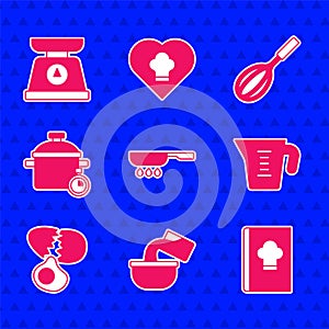 Set Frying pan, Saucepan, Cookbook, Measuring cup, Broken egg, Cooking pot, Kitchen whisk and Scales icon. Vector