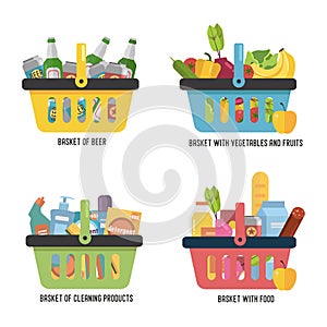 Set Full basket with different goods. Basket with food, beer, fruits and vegetables and household cleaning products. Flat vector i