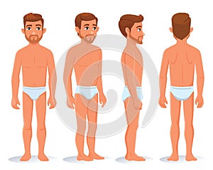 Set of full-length people bodies illustration. Men standing in underwear. Isolated on white