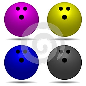 set fun bowling ball with shadow. Pink, yellow, blue, greey