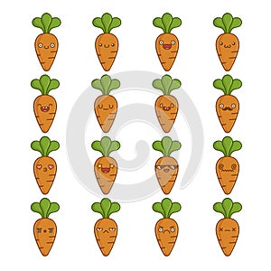 Set of fun cute carrot vegetable icon cartoons