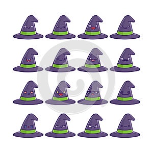 Set of fun cute Halloween witch hat icon cartoons