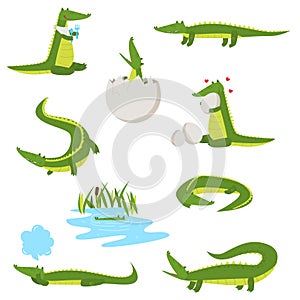 Set of fun green crocodiles occupying a pleasant pastime. Green alligator reads a book, flies on balloons, swims, dreams, eats and