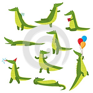 Set of fun green crocodiles occupying a pleasant pastime. Green alligator reads a book, flies on balloons, swims, dreams, eats and