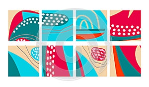 Set of fun hand drawn colorful shapes, doodle objects, lines and dots collage, modern trendy abstract pattern background for