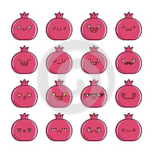 Set of fun kawaii pomegranate fruit icon cartoons