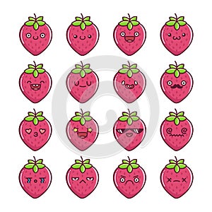 Set of fun kawaii strawberry fruit icon cartoons