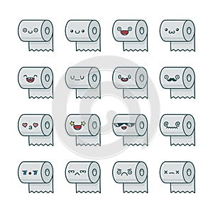 Set of fun kawaii toilet paper roll icon cartoons